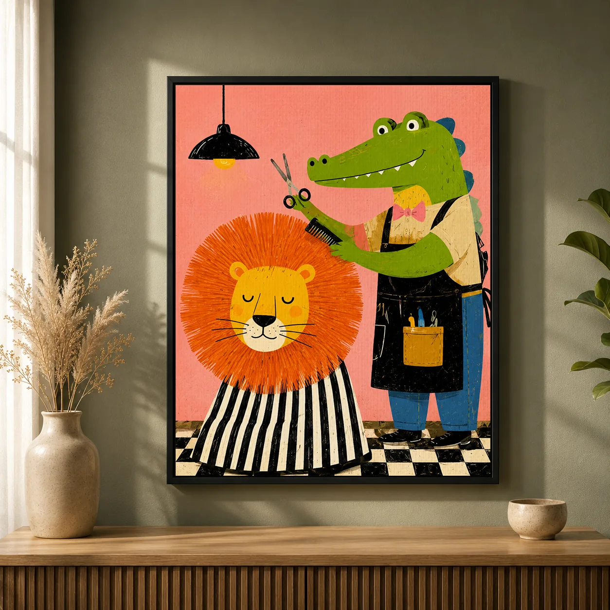 Crocodile Barber & Lion Canvas Print - Funny Animal Hair Salon Kids Wall Art