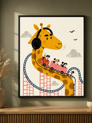 Giraffe Roller Coaster Canvas Print - Whimsical Amusement Park Kids Wall Art