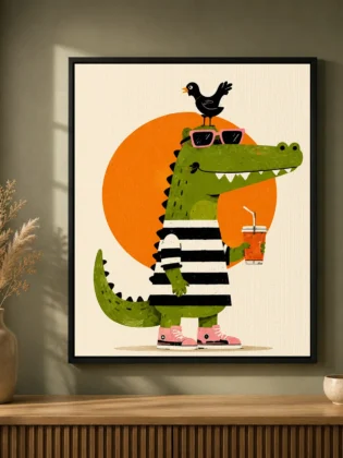 Cool Alligator with Bird Canvas Print - Retro Crocodile in Sunglasses Kids Wall Art