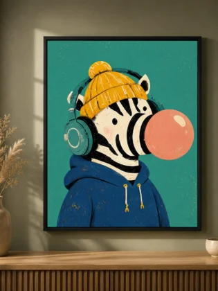 Cool Zebra with Headphones Canvas Print - Bubblegum Zebra Kids Wall Art