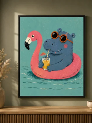 Cool Hippo on Flamingo Pool Float Canvas Print - Summer Pool Party Kids Wall Art