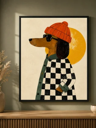 Cool Dachshund in Beanie & Sunglasses Canvas Print - Retro Dachshund Dog Kids Wall Art