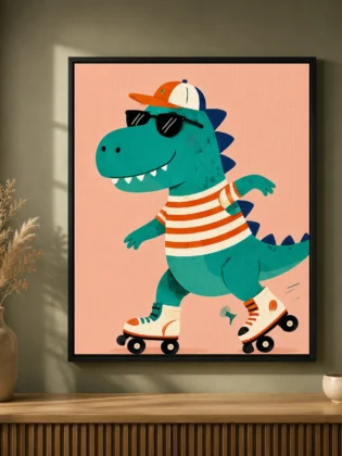 Cool Skateboarding T-Rex Dinosaur Canvas Print - Retro Roller Skating Kids Wall Art