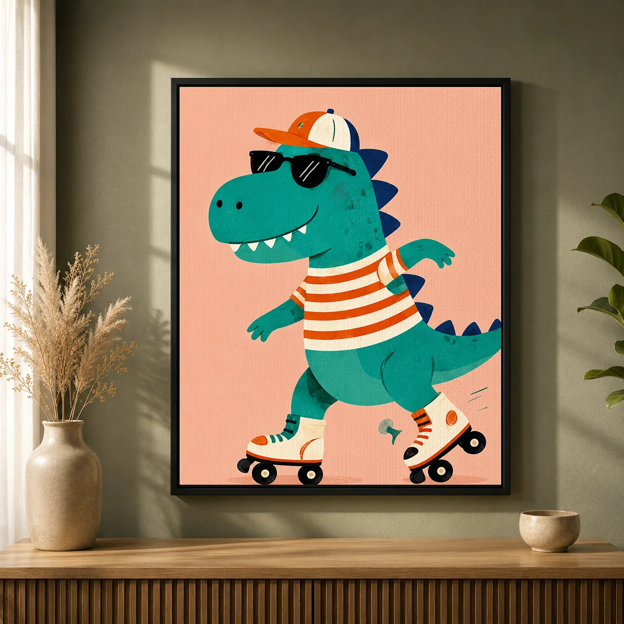 Cool Skateboarding T-Rex Dinosaur Canvas Print - Retro Roller Skating Kids Wall Art