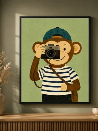 Cute Photographer Monkey Canvas Print - Retro Animal Photographer Kids Wall Art