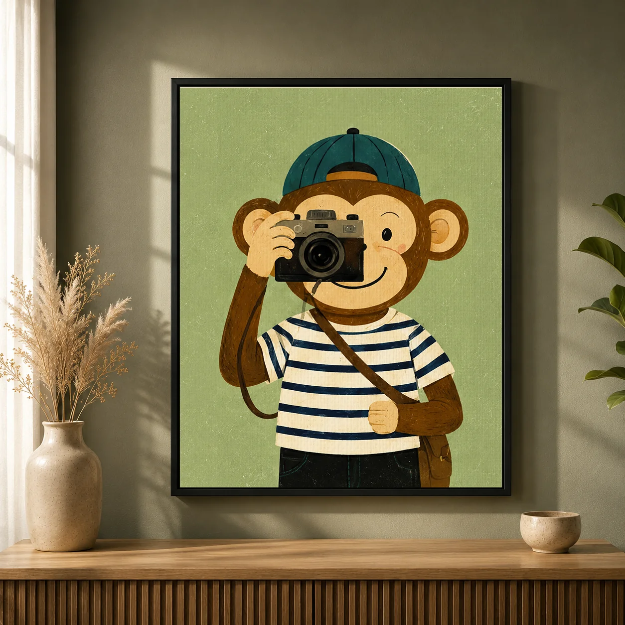 Cute Photographer Monkey Canvas Print - Retro Animal Photographer Kids Wall Art