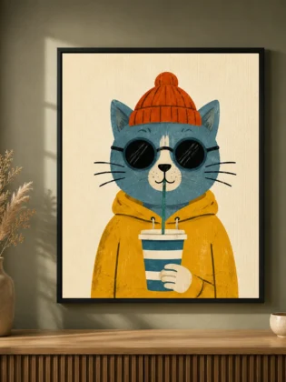Cool Cat in Beanie & Sunglasses Canvas Print - Retro Hipster Cat Kids Wall Art