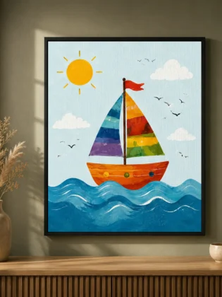 Rainbow Sailboat Ocean Canvas Print - Nautical Sailboat Kids Wall Art