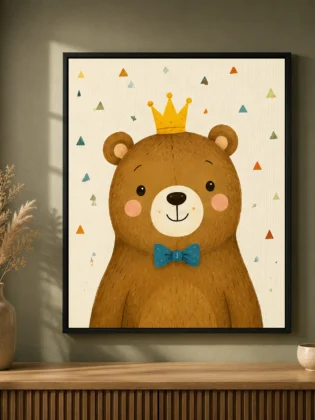 Cute Crowned Teddy Bear Canvas Print - Nordic Royal Bear Kids Wall Art