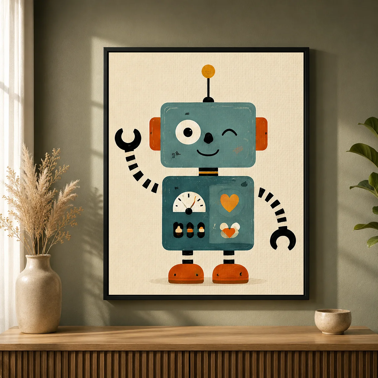 Friendly Winking Robot Canvas Print - Retro Robot Kids Wall Art