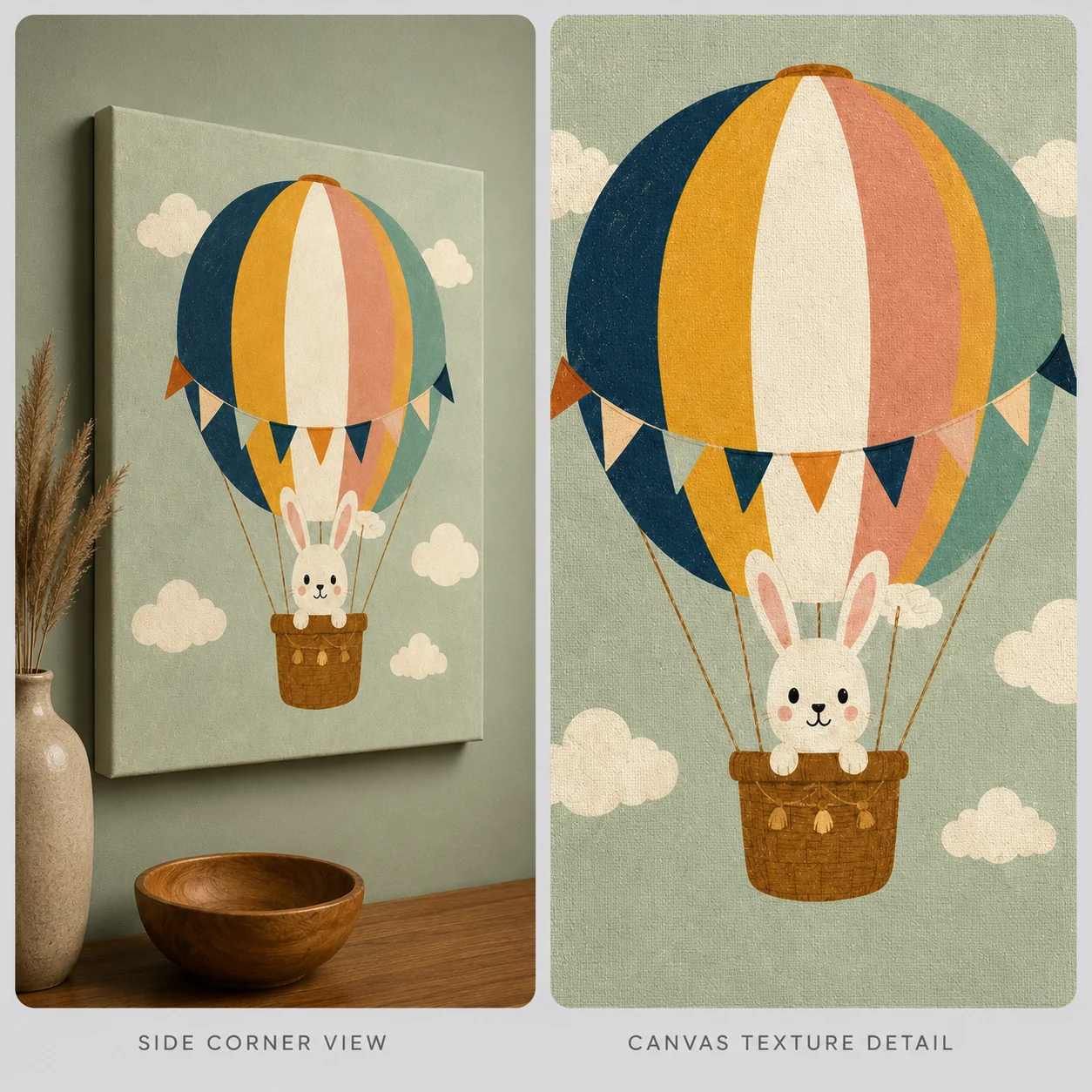 Cute Bunny Hot Air Balloon Canvas Print - Nordic Easter Rabbit Kids Wall Art - Image 4