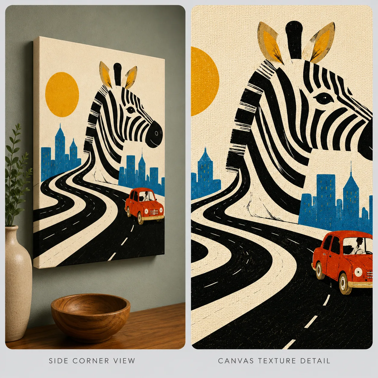 Zebra Crossing City Skyline Canvas Print - Surreal Safari & Red Car Kids Wall Art - Image 4