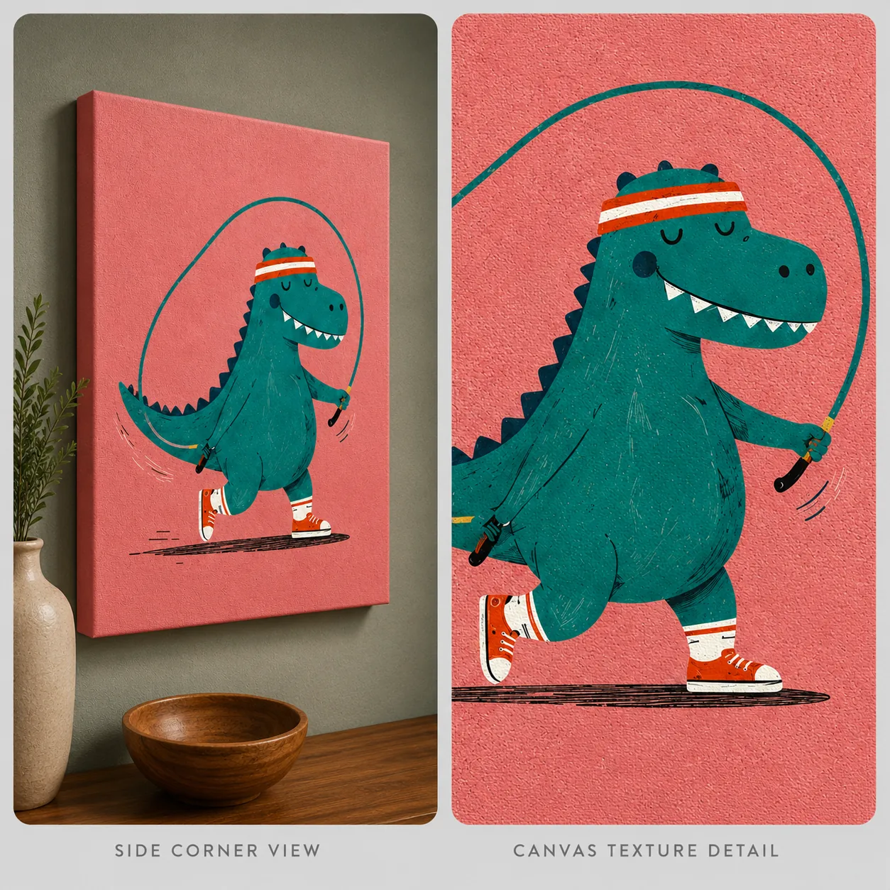 Jump Rope Dinosaur Canvas Print - Cute T-Rex Fitness Kids Wall Art - Image 4