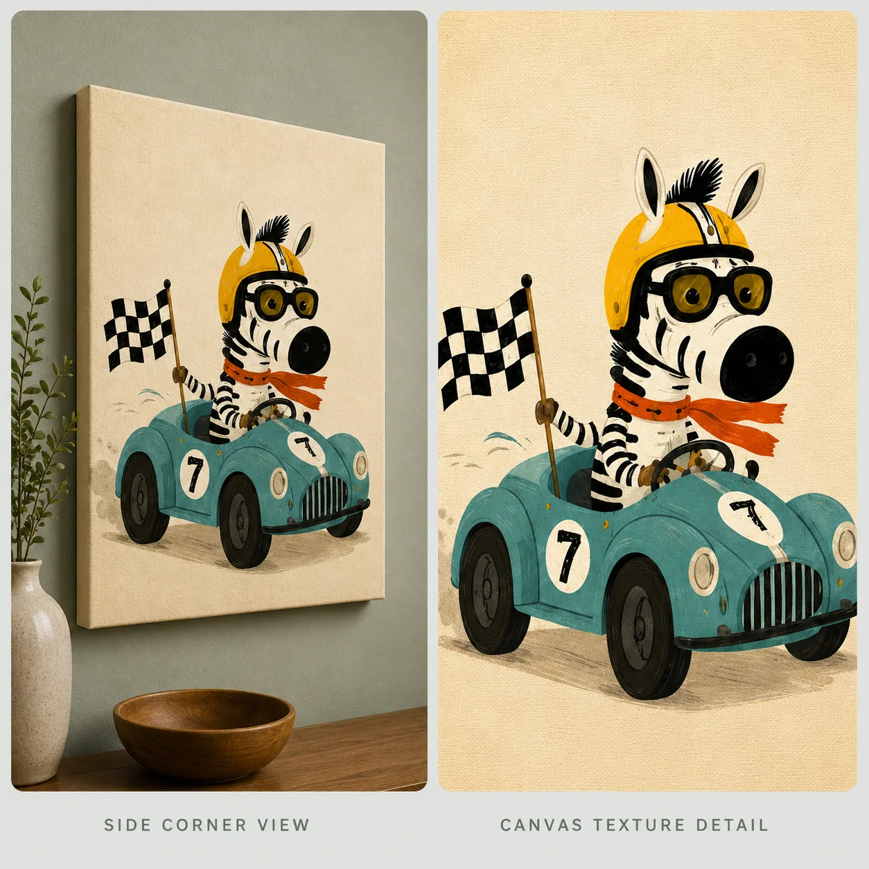Vintage Race Car Zebra Canvas Print - Cool Animal Driver Kids Wall Art - Image 4
