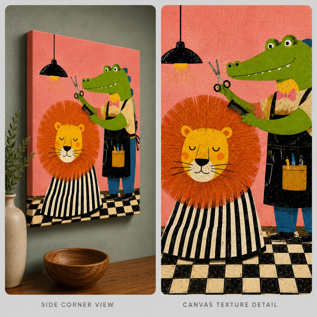 Crocodile Barber & Lion Canvas Print - Funny Animal Hair Salon Kids Wall Art - Image 4