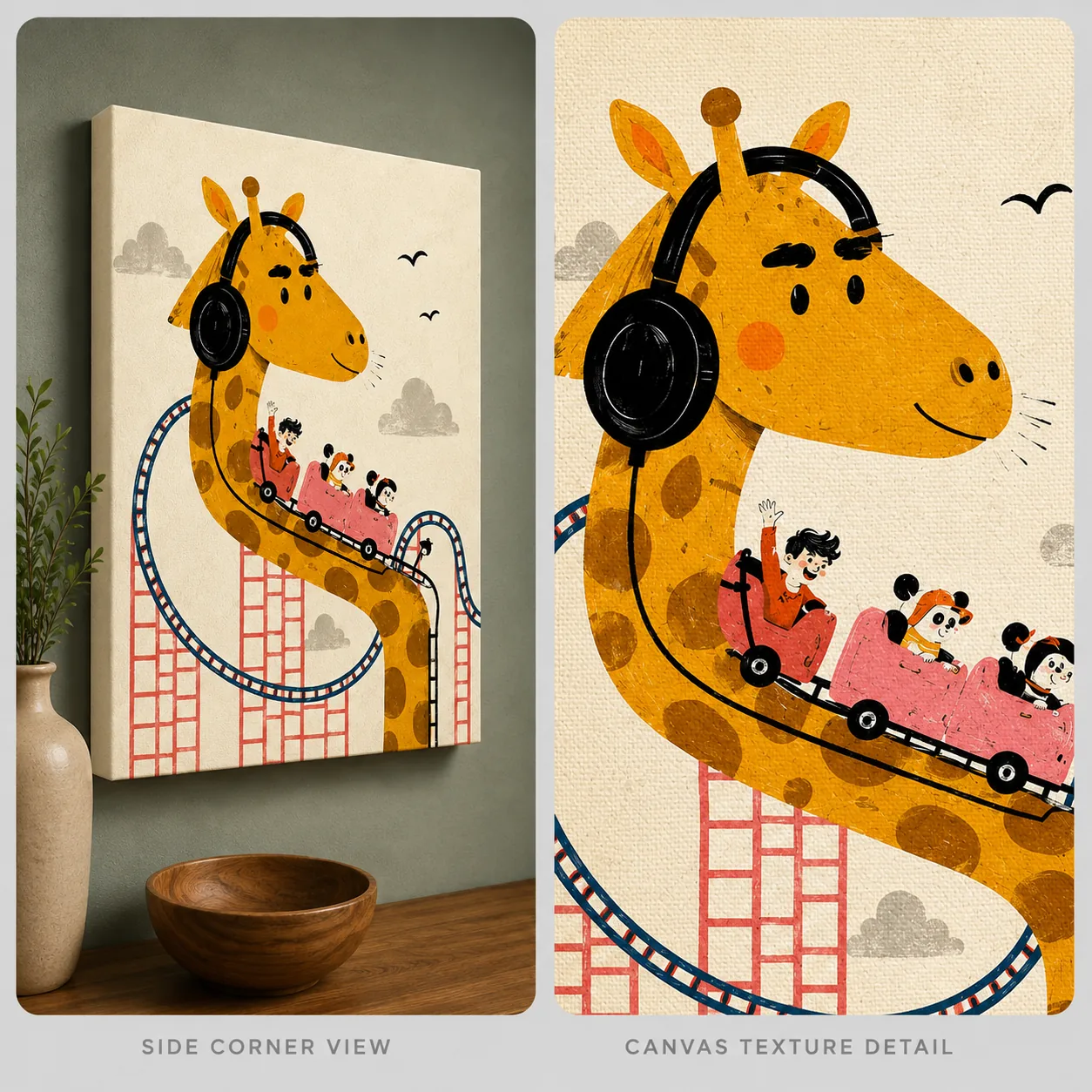 Giraffe Roller Coaster Canvas Print - Whimsical Amusement Park Kids Wall Art - Image 4