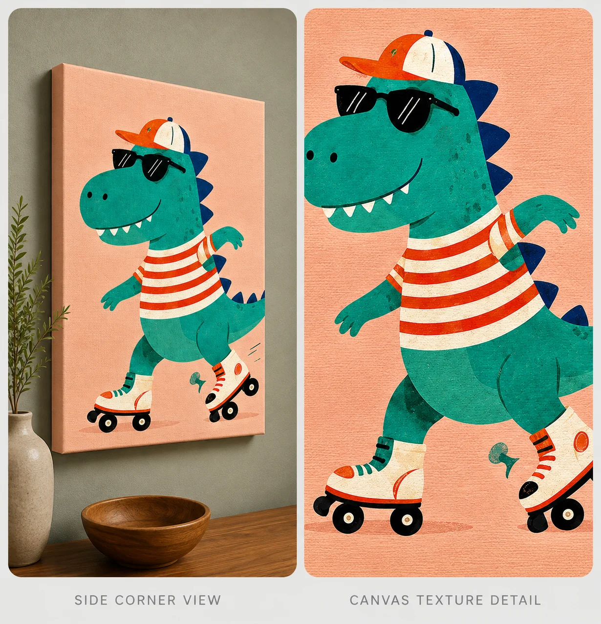 Cool Skateboarding T-Rex Dinosaur Canvas Print - Retro Roller Skating Kids Wall Art - Image 4
