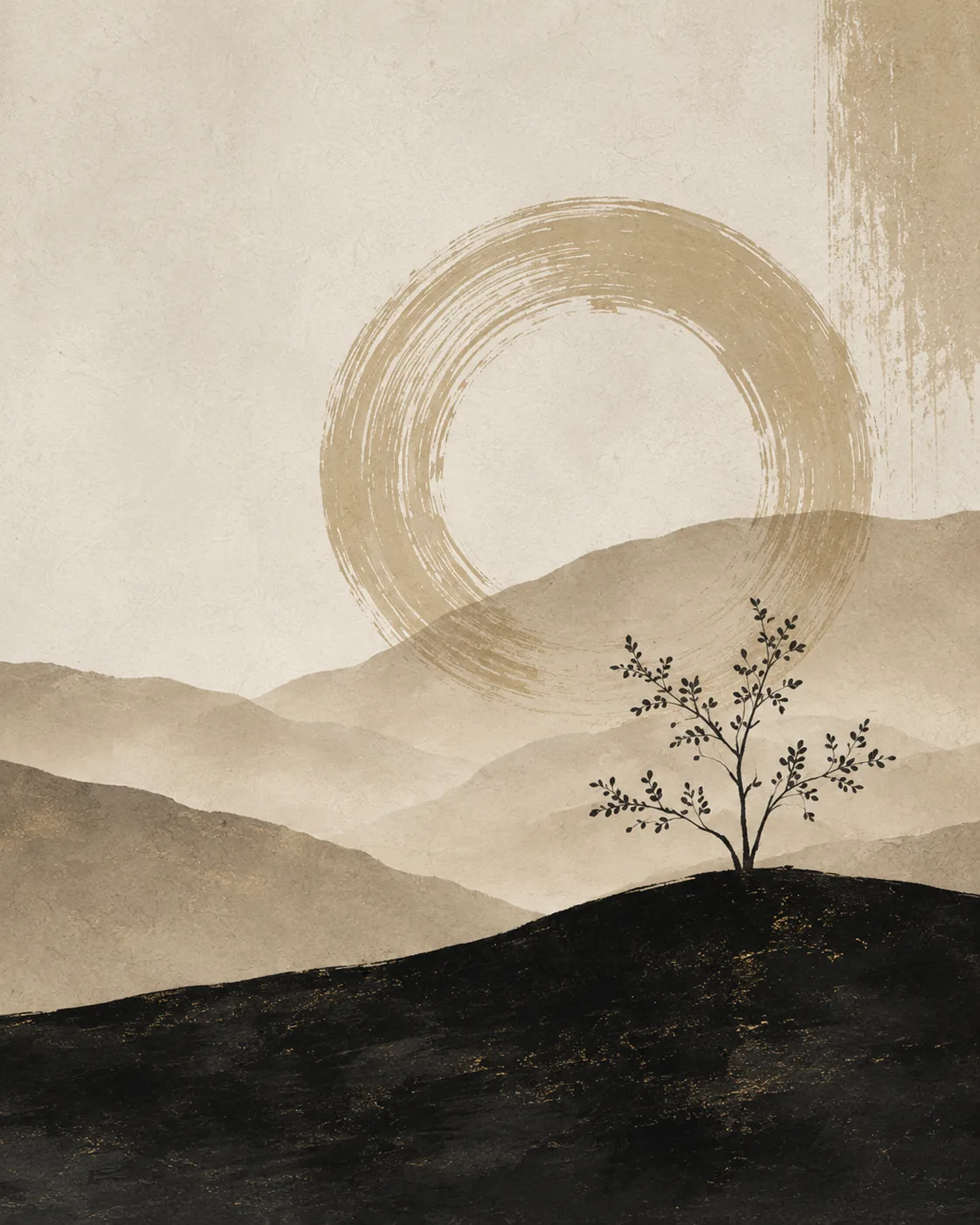 Minimalist Zen Ensō Circle Canvas Print – Abstract Wabi-Sabi Mountain & Tree Wall Art - Image 2