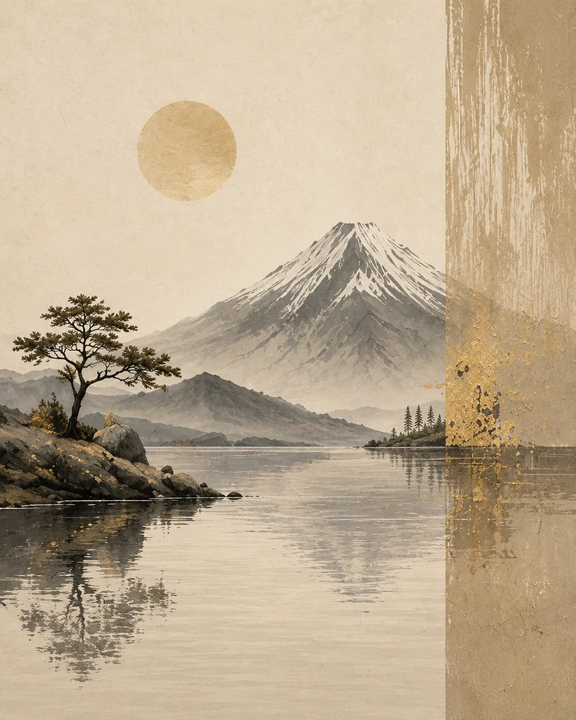 Mount Fuji & Lake Reflection Canvas Print – Minimalist Japanese Wabi-Sabi Landscape Wall Art - Image 2