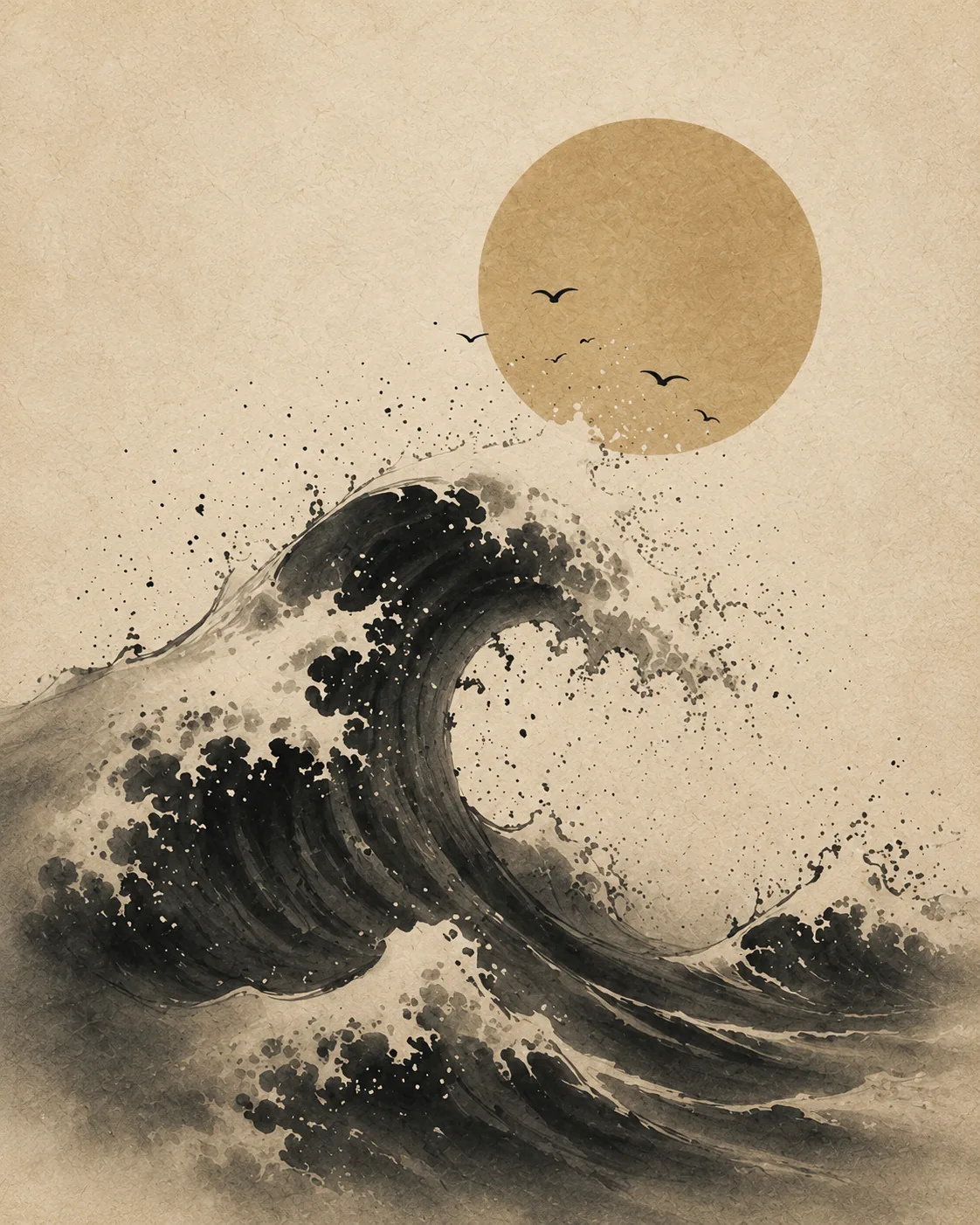 Japanese Great Wave & Golden Sun Canvas Print – Vintage Ocean Sumi-e Wall Art - Image 2