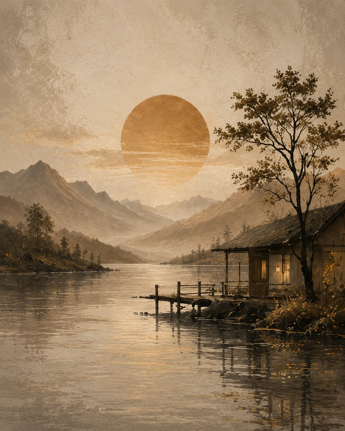 Misty Lakeside Cabin & Rising Sun Canvas Print – Japandi Vintage Minimalist Landscape Wall Art - Image 2