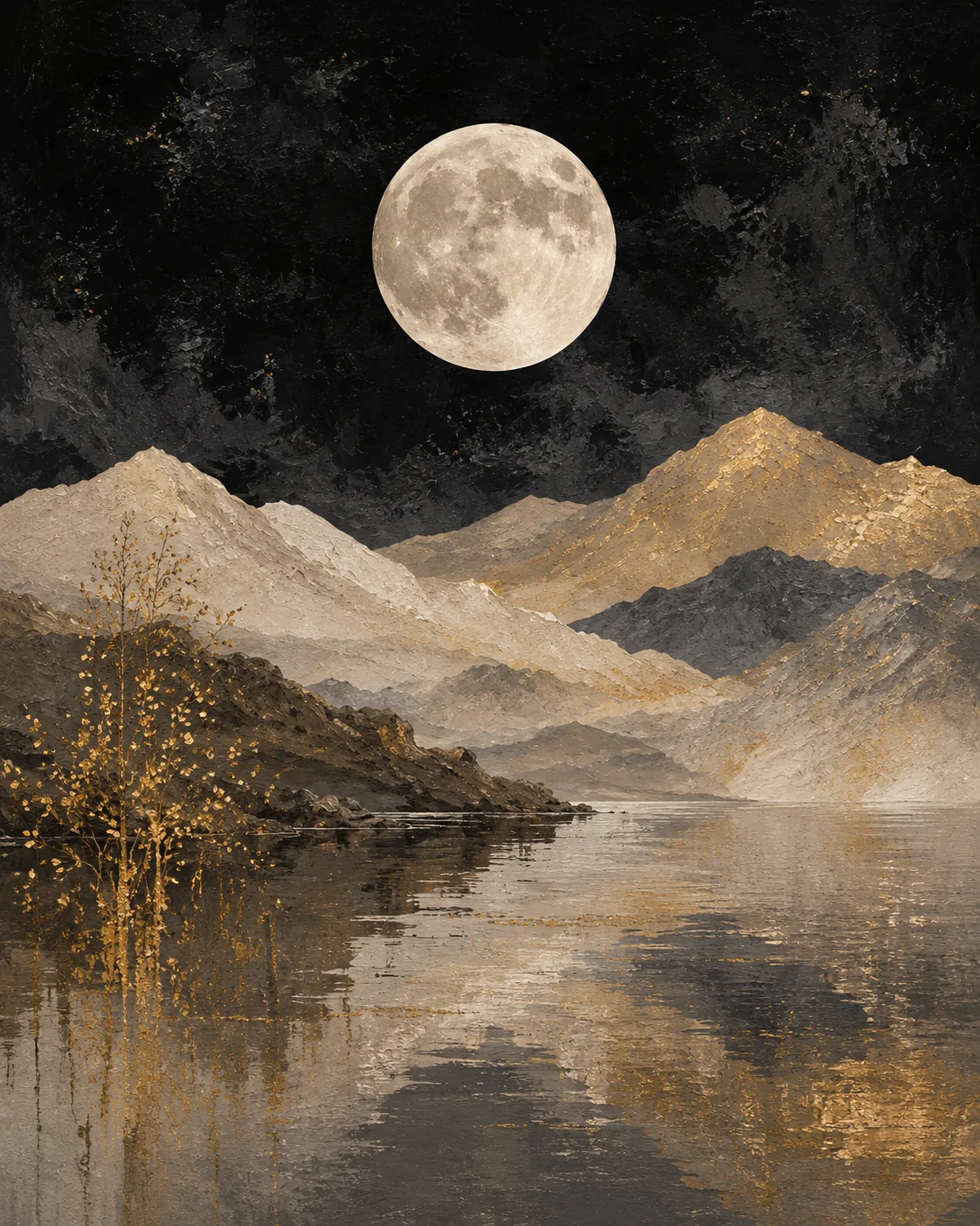 Full Moon Over Mountain Lake Canvas Print – Japandi Wabi-Sabi Moody Textured Abstract Landscape Wall Art - Image 2
