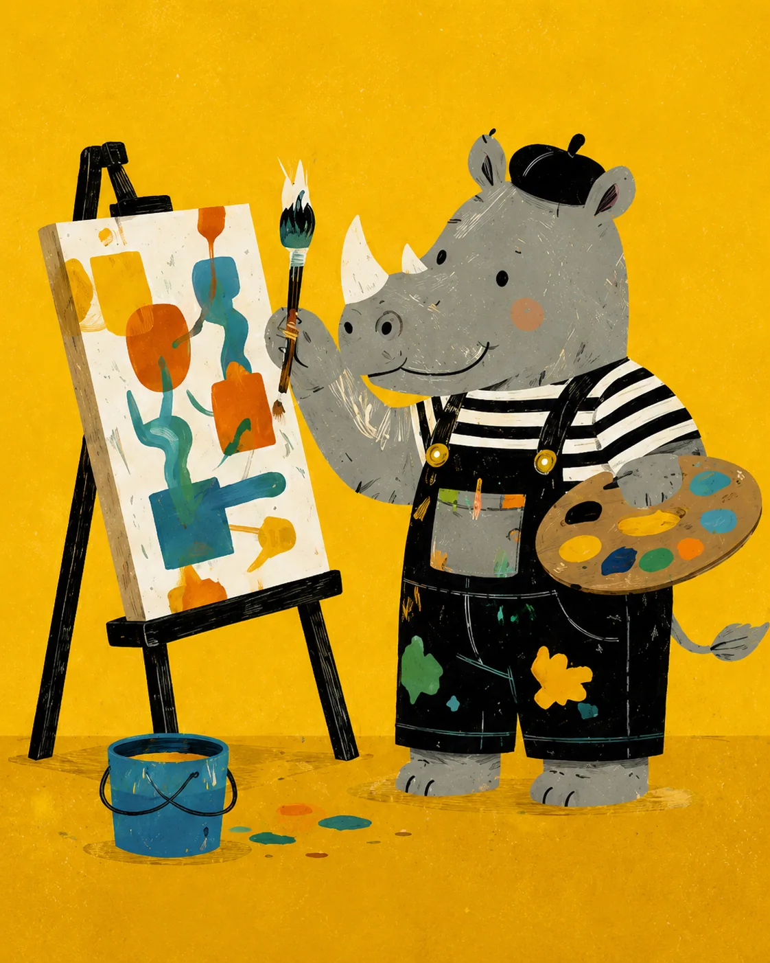 Cute Artist Rhino Painting Canvas Print - Creative Animal Artist Kids Wall Art - Image 3