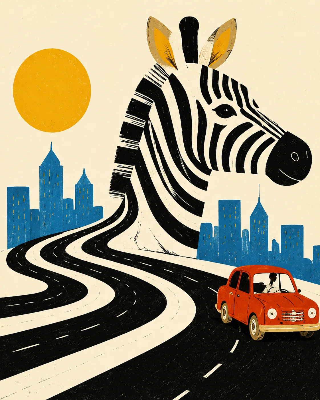 Zebra Crossing City Skyline Canvas Print - Surreal Safari & Red Car Kids Wall Art - Image 2