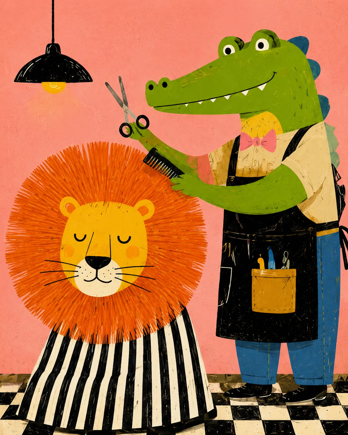 Crocodile Barber & Lion Canvas Print - Funny Animal Hair Salon Kids Wall Art - Image 3
