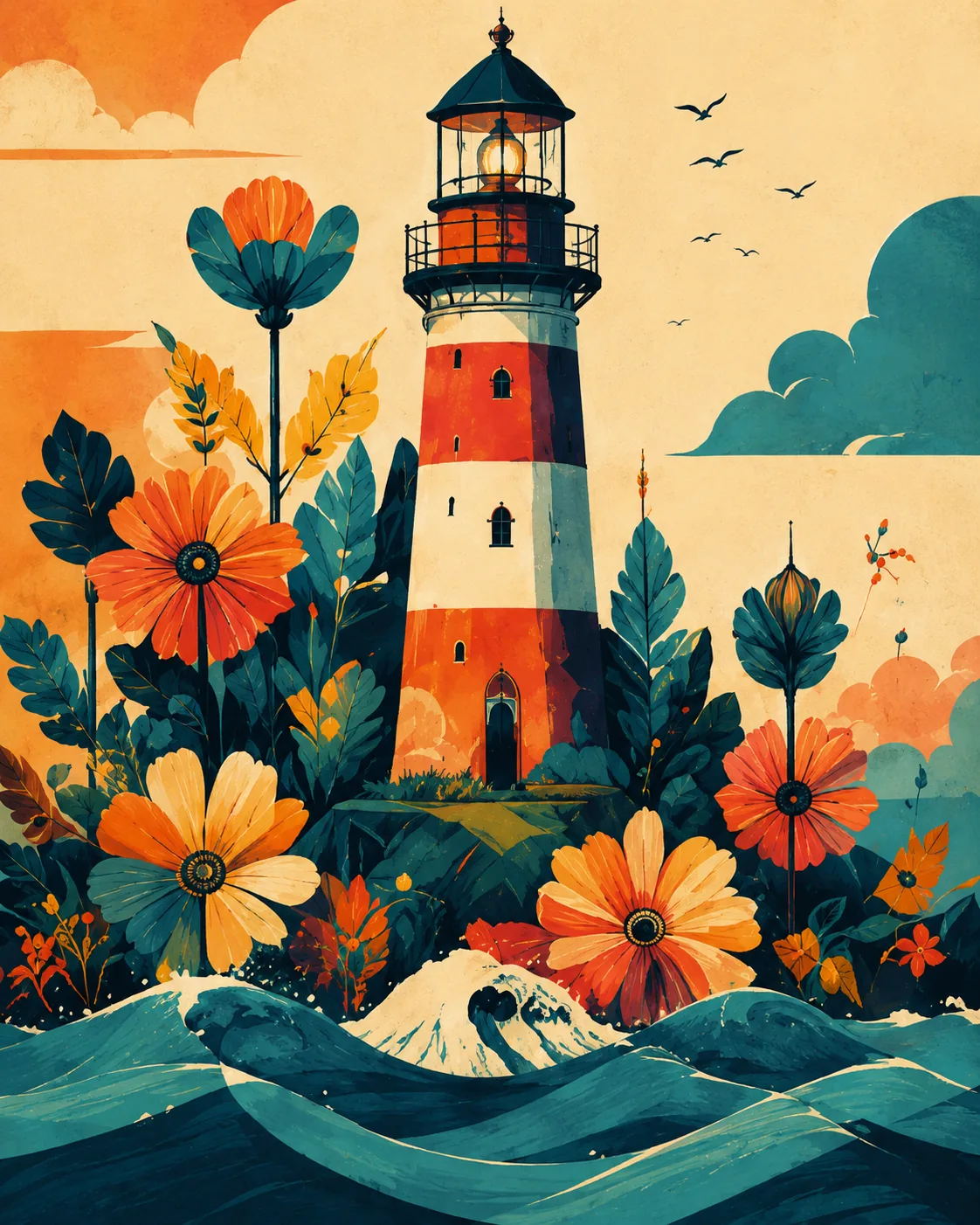 Retro Floral Lighthouse Canvas Print - Vintage Coastal Ocean Waves Wall Art - Image 3