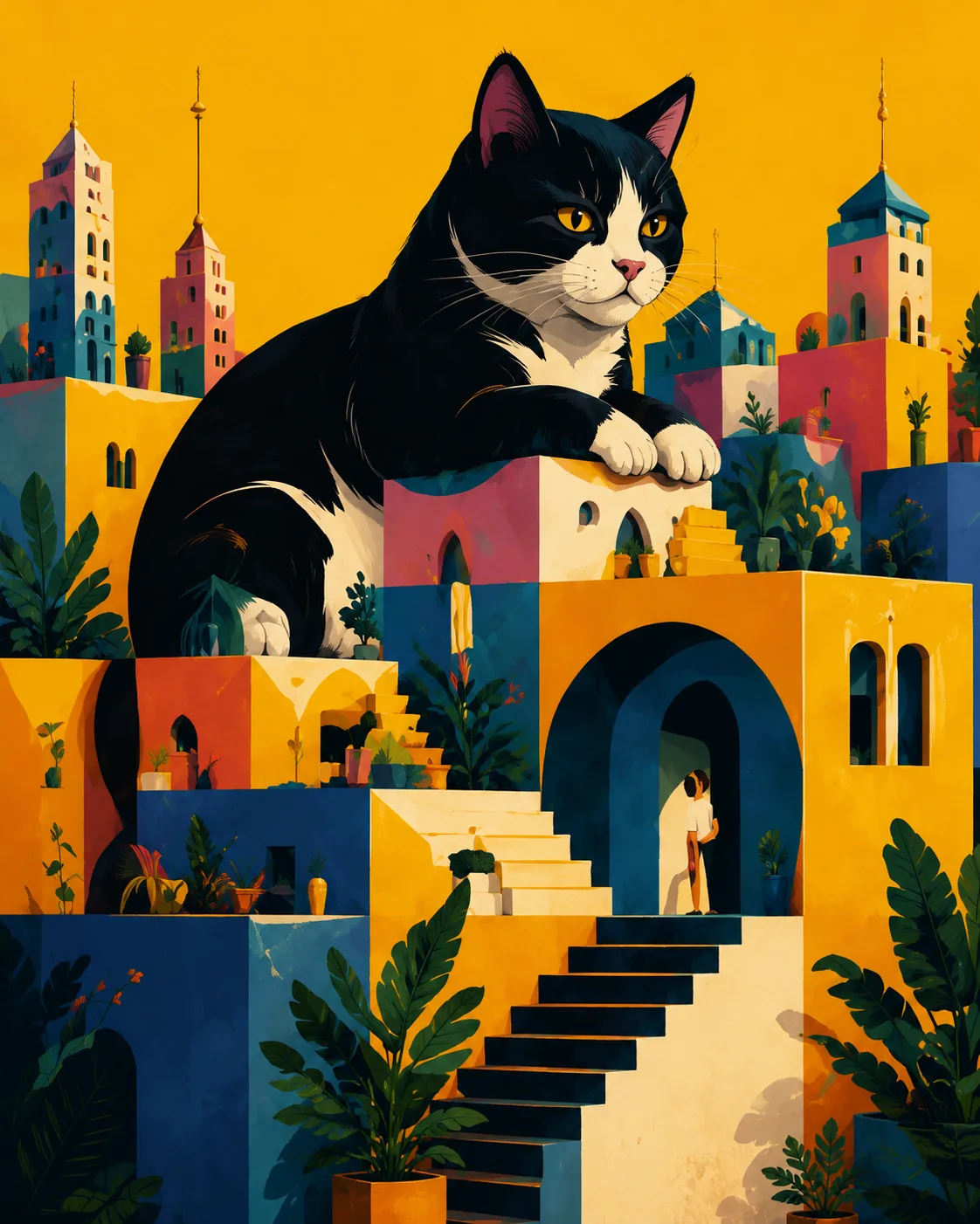 Retro Giant Tuxedo Cat Canvas Print - Whimsical Mediterranean City Wall Art - Image 2