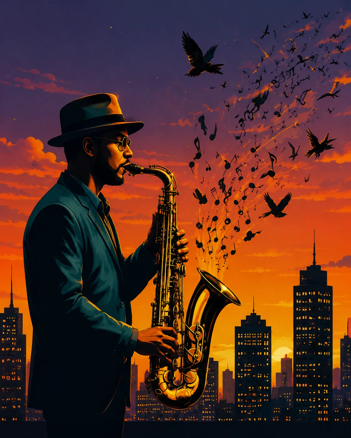 Retro Jazz Saxophonist Canvas Print - City Sunset Skyline Wall Art - Image 3