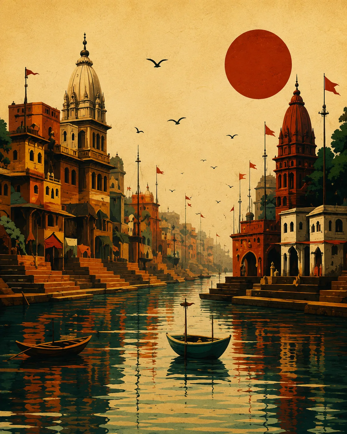 Retro Varanasi Ghats Canvas Print - Vintage Indian Temple Sunset Wall Art - Image 2