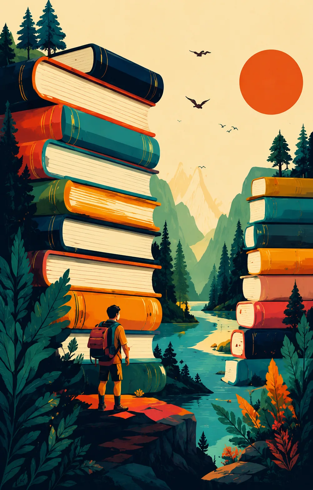 Retro Mountain Stacked Books Canvas Print - Vintage Reader Wanderlust Wall Art - Image 3