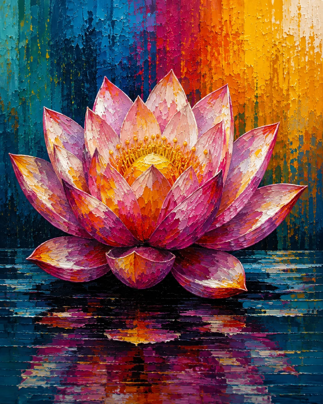 Blooming Lotus Flower Color Maximal Canvas Print - Retro Impasto Botanical Wall Art - Image 2