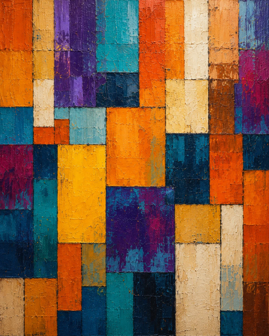Geometric Block Patchwork Color Maximal Canvas Print - Retro Impasto Abstract Wall Art - Image 2