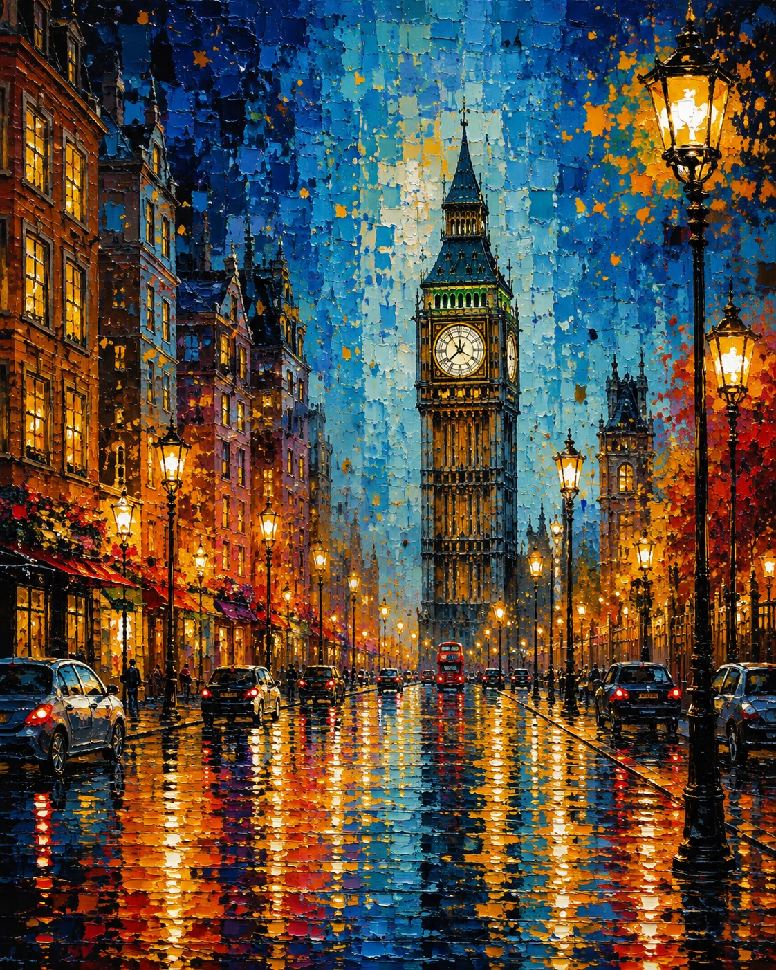London Big Ben Street Scene Color Maximal Canvas Print - Retro Impasto Cityscape Wall Art - Image 2