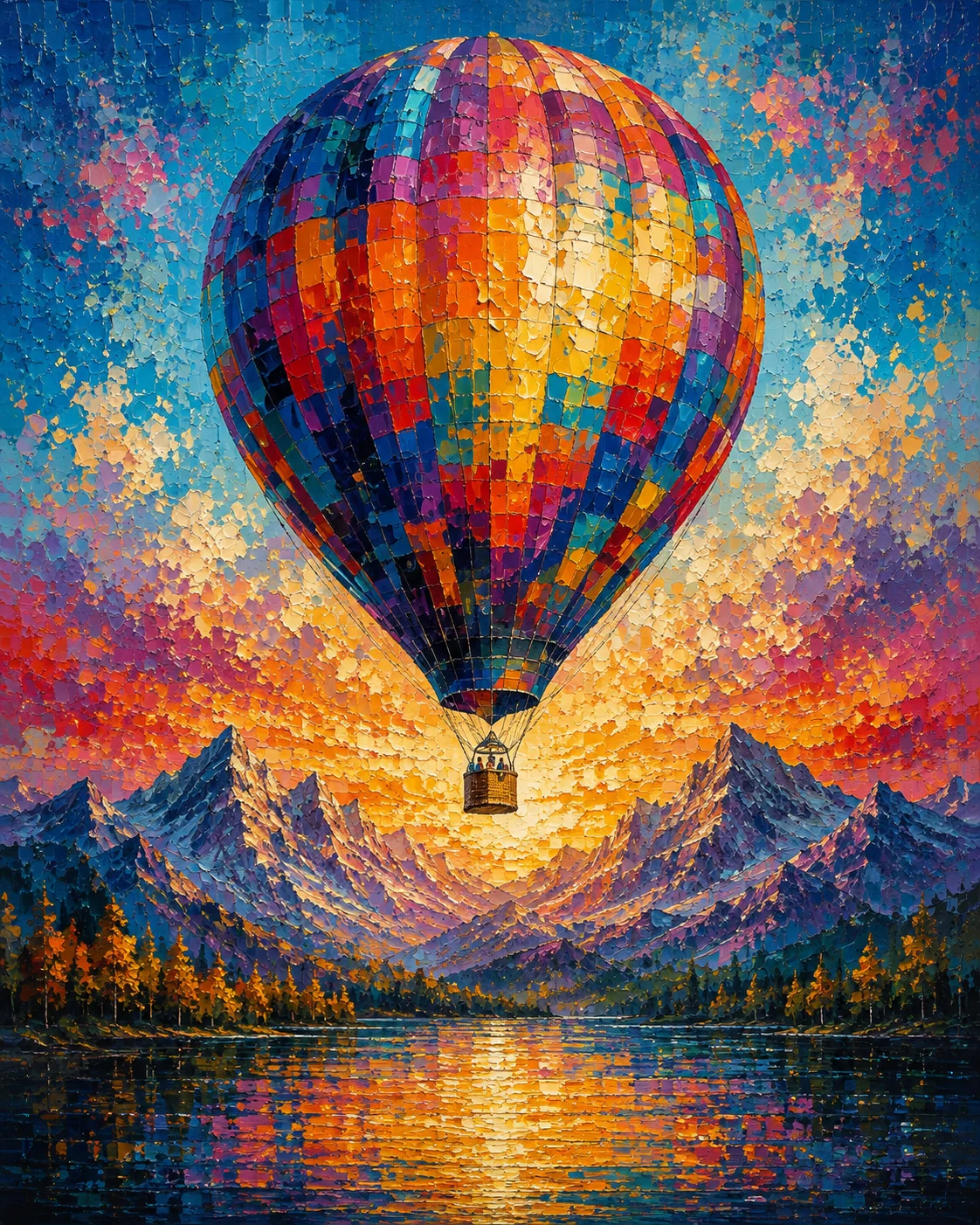 Hot Air Balloon Mountain Landscape Color Maximal Canvas Print - Retro Impasto Nature Wall Art - Image 2