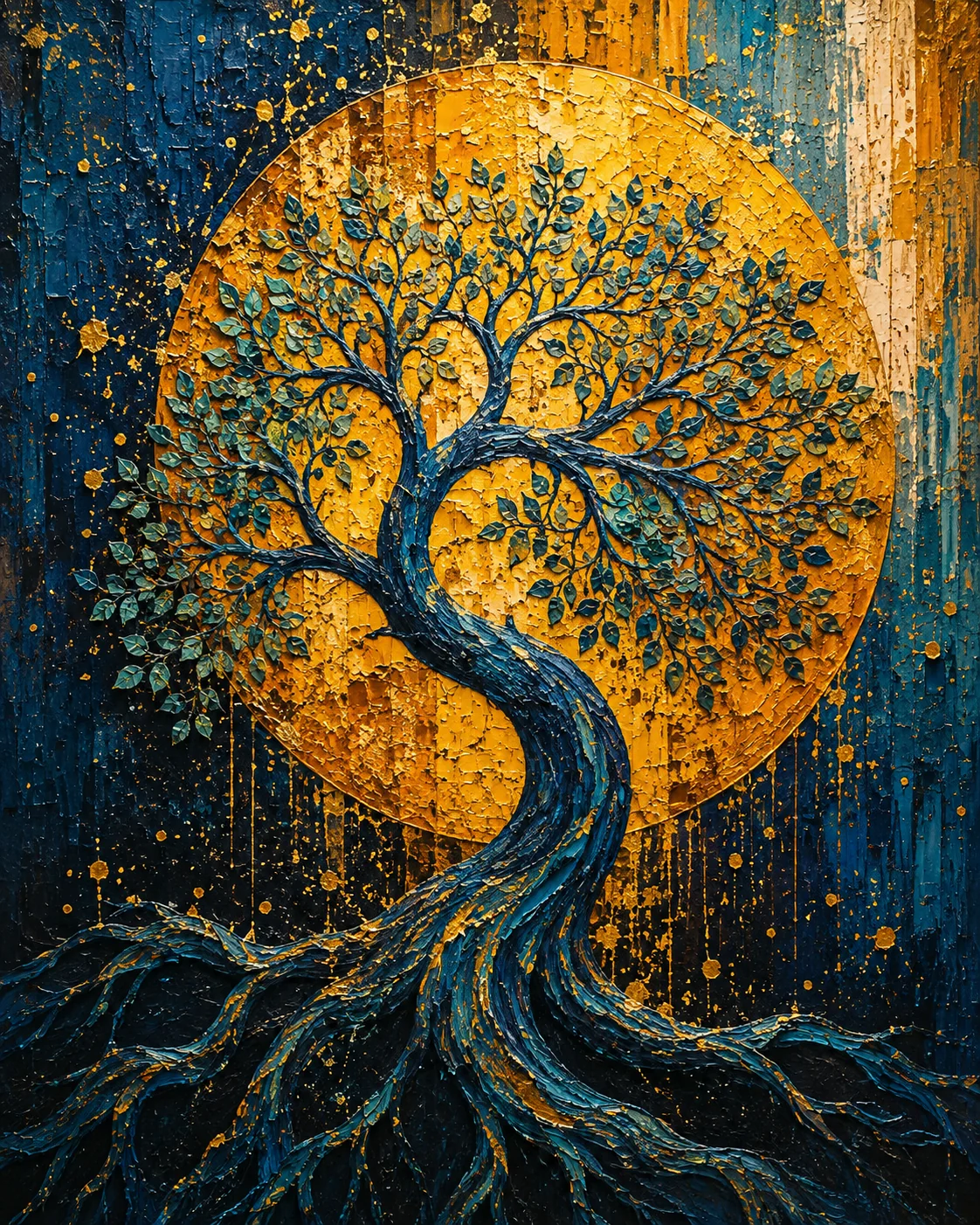 Tree of Life Golden Moon Celestial Canvas Print - Retro Impasto Nature Wall Art - Image 2