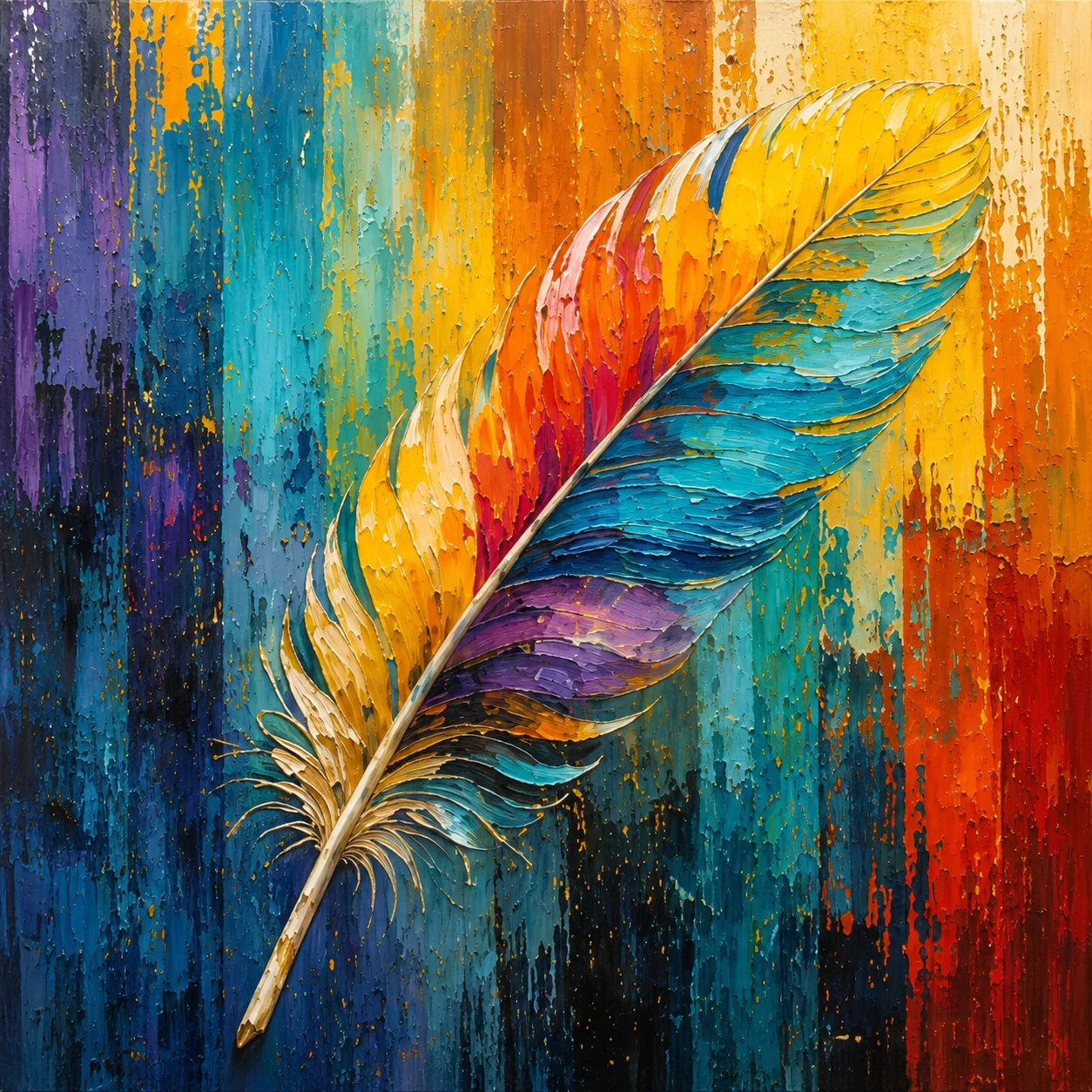Rainbow Feather Color Maximal Canvas Print - Retro Impasto Abstract Nature Wall Art - Image 2
