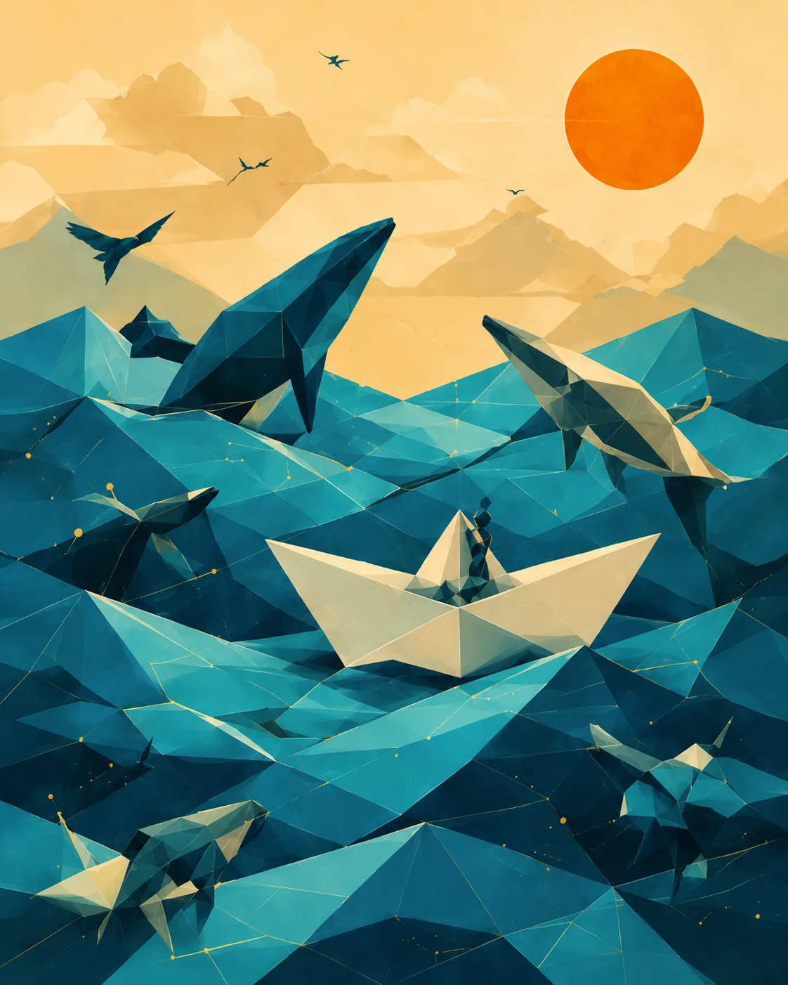 Retro Origami Boat & Whales Canvas Print - Surreal Ocean Sunset Wall Art - Image 2