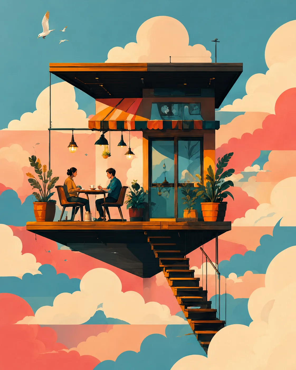 Retro Floating Cafe Canvas Print - Surreal Cloud City Wall Art - Image 2
