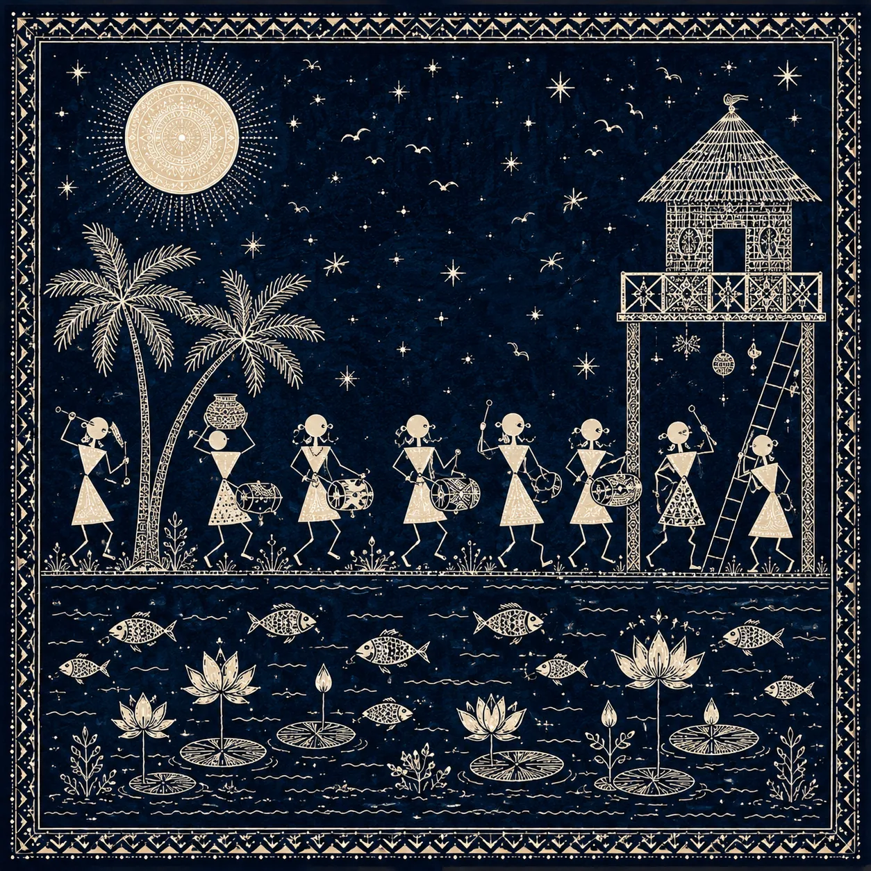 Warli Midnight Musical Procession & Starlit Lotus Pond Canvas Print - Traditional Indian Tribal Wall Art - Image 3