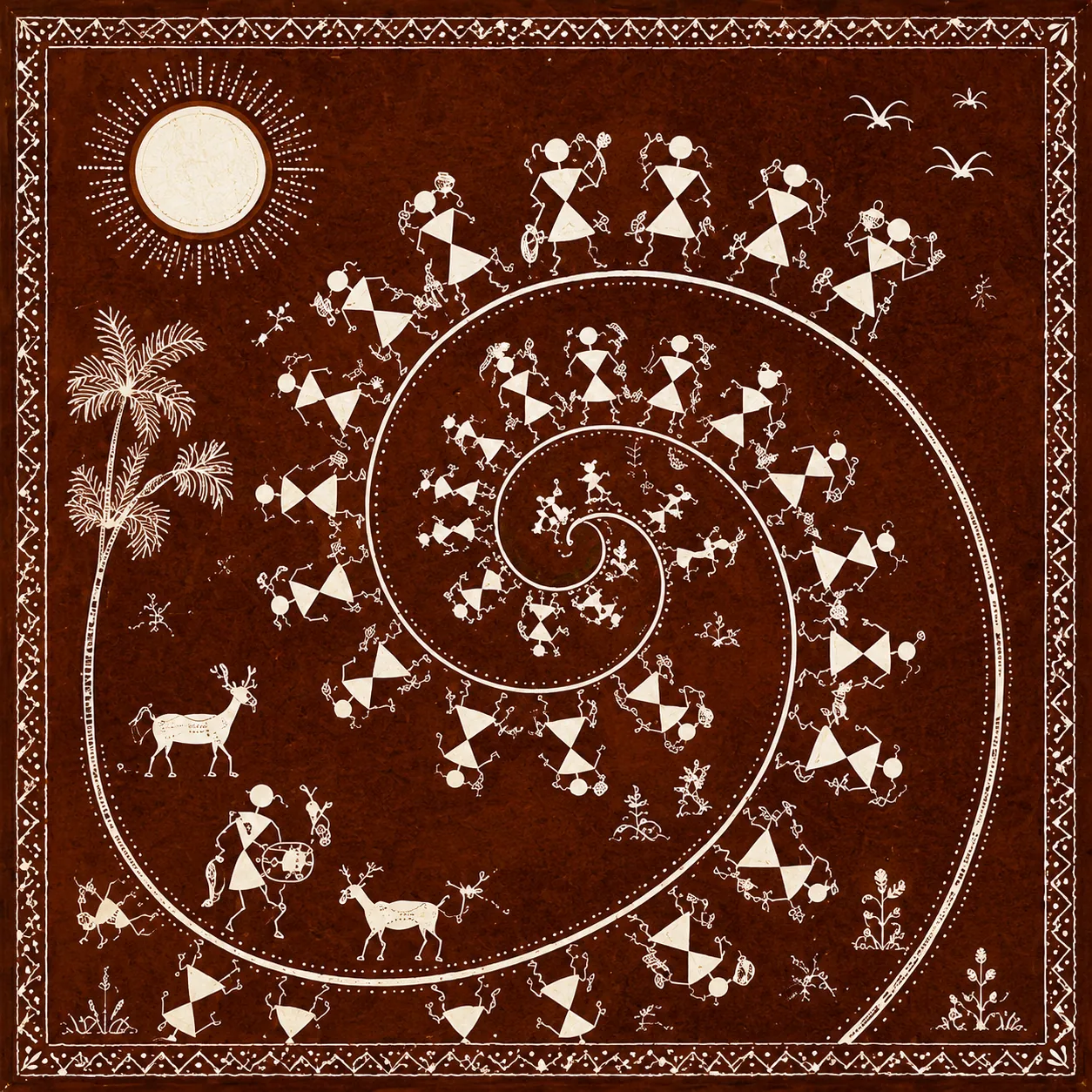 Warli Spiral Tarpa Dance Canvas Print - Traditional Indian Tribal Wall Art - Image 2