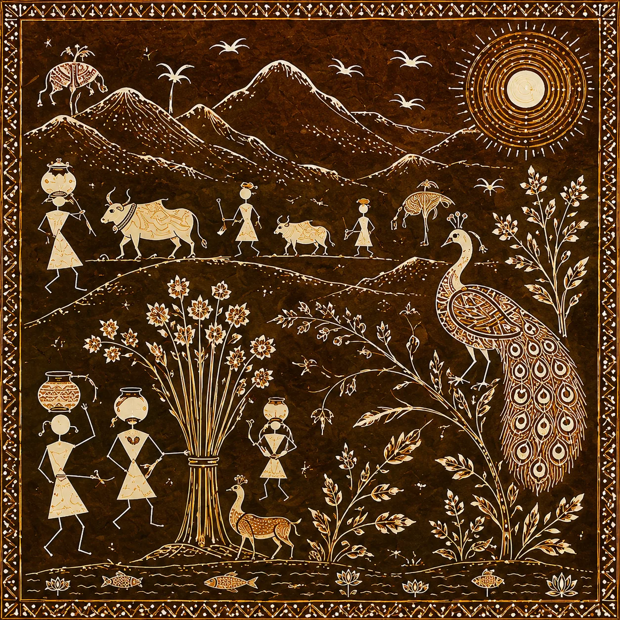 Warli Peacock & Mountain Village Scene Canvas Print - Traditional Indian Tribal Wall Art - Image 3