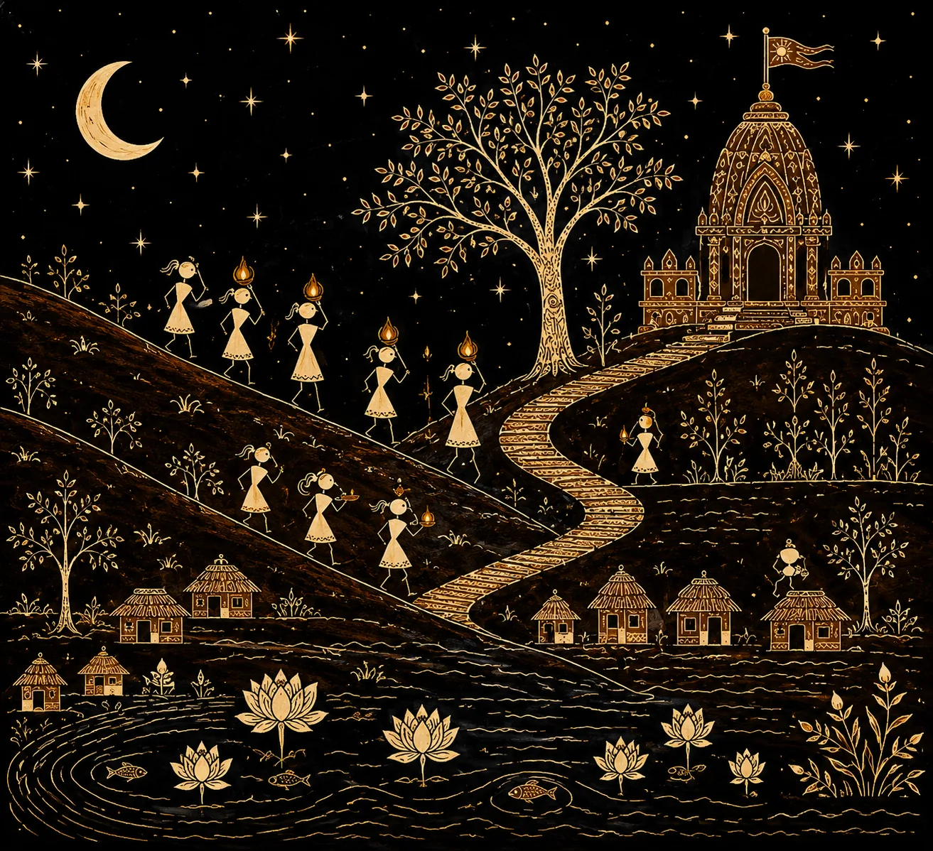 Warli Temple Pilgrimage & Night Village Procession Canvas Print - Traditional Indian Tribal Wall Art - Image 2