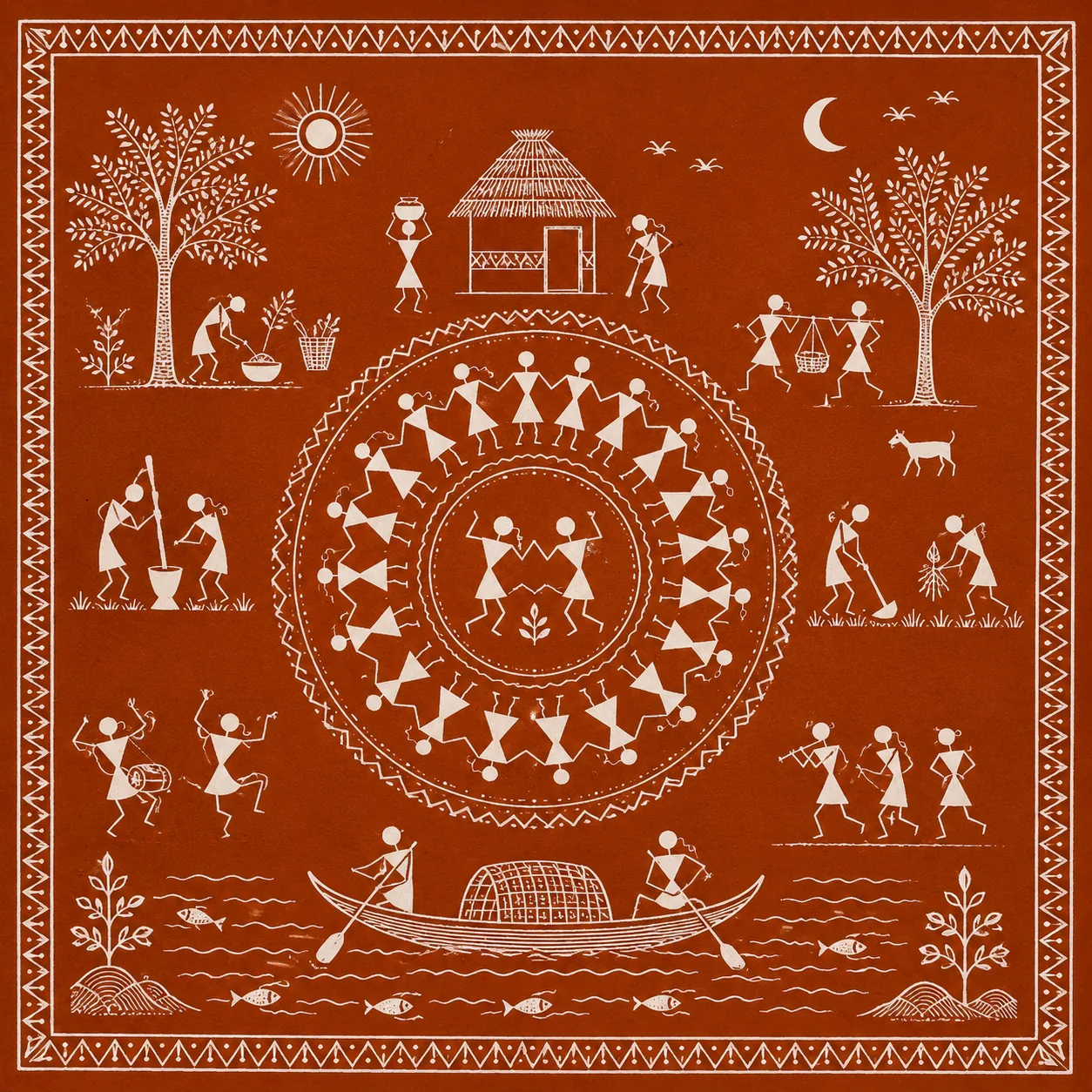 Traditional Warli Village Life & Celebration Canvas Print - Indian Tribal Wall Art - Image 2