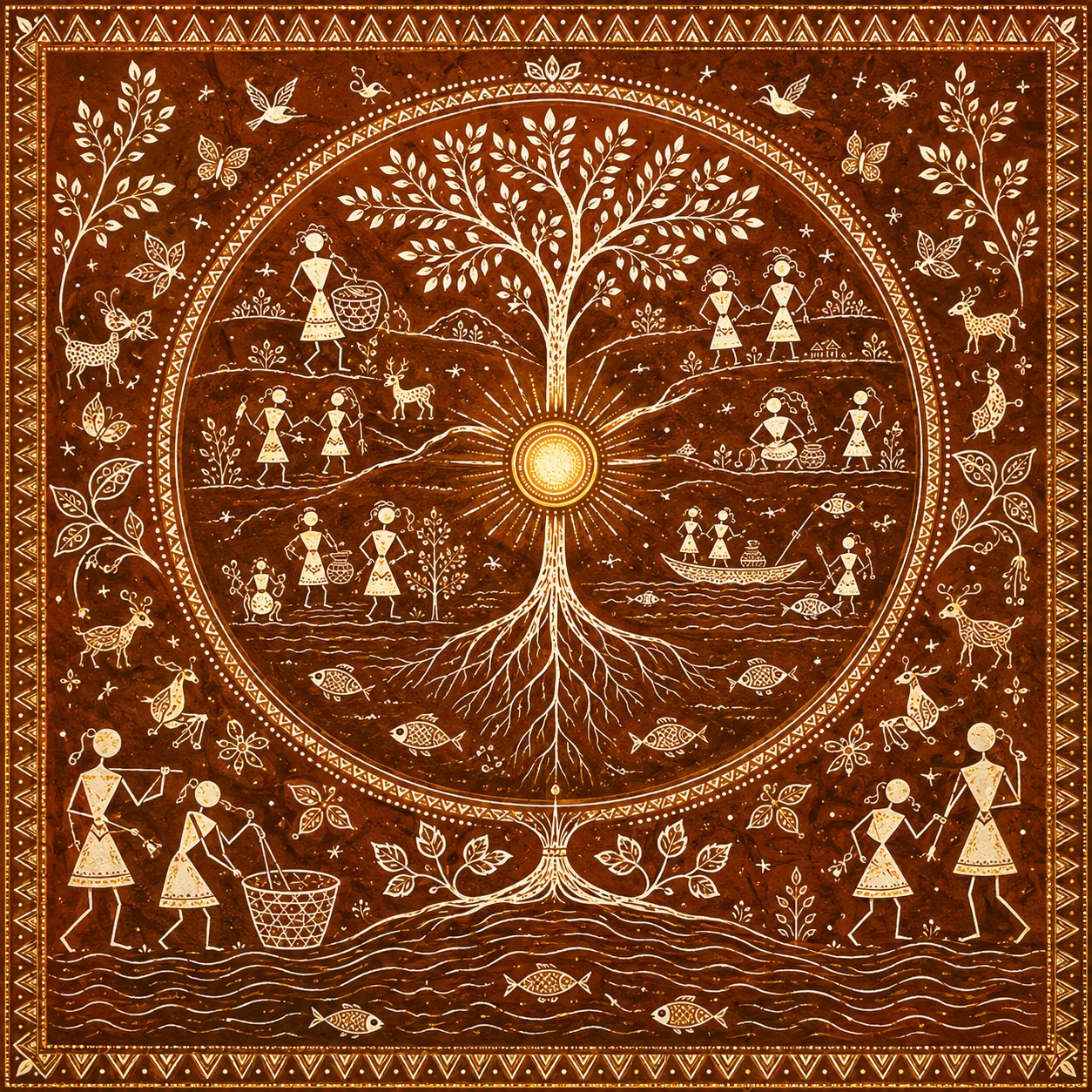 Warli Sacred Tree of Life Canvas Print - Golden Sun Indian Tribal Wall Art - Image 3