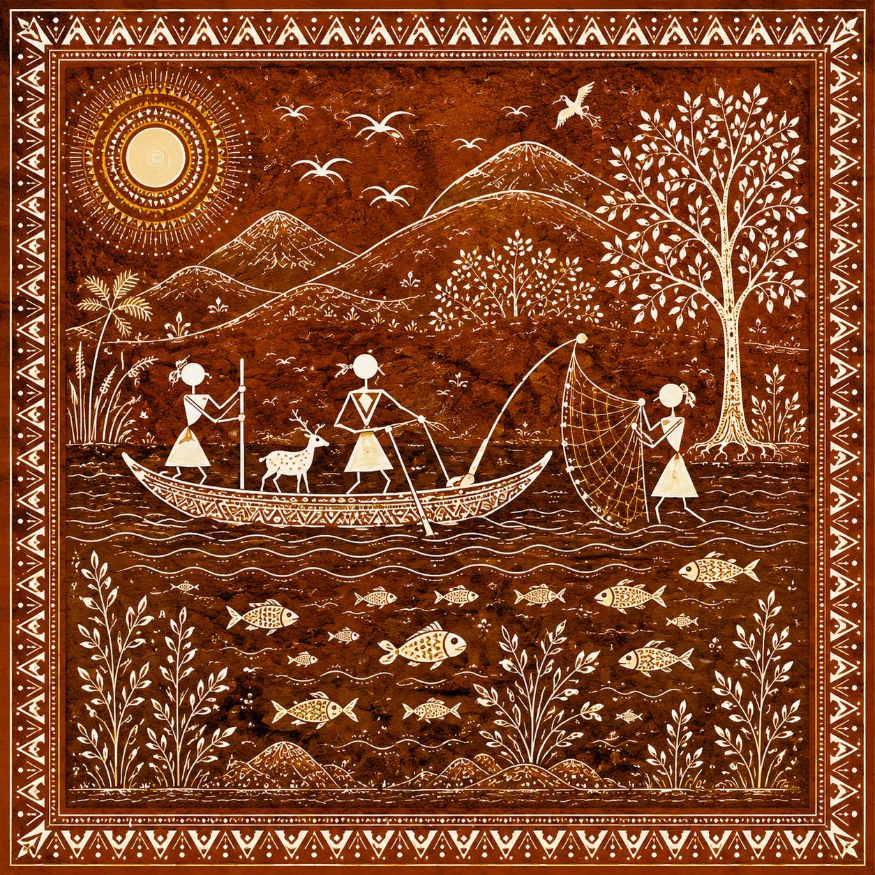 Warli River Fishing & Mountain Scene Canvas Print - Traditional Indian Tribal Wall Art - Image 3