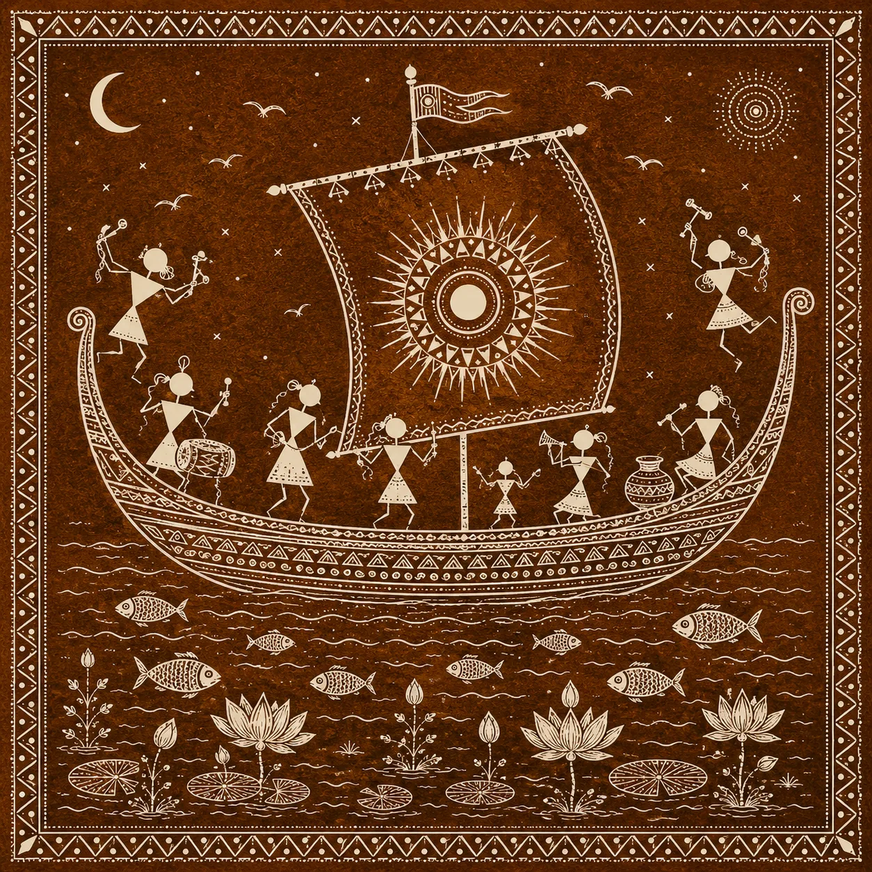 Warli Royal Boat & Voyage Canvas Print - Traditional Indian Tribal Wall Art | Dual Color He - Image 3